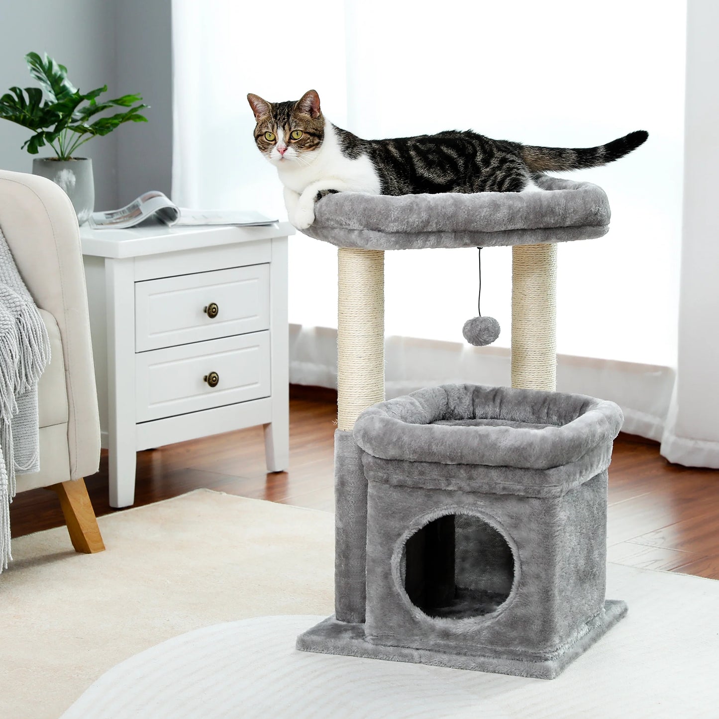 Cat Tower with Large Top Perch and Scratching Posts for Kittens and Medium Cats, Gray