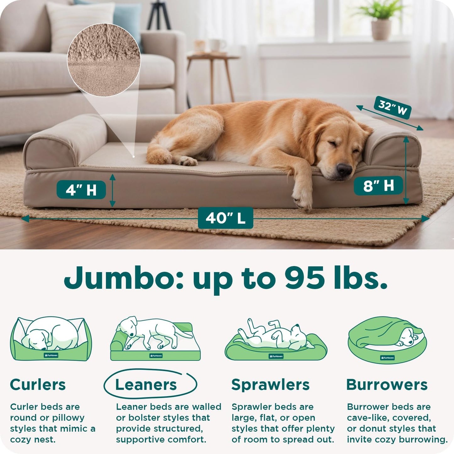 Orthopedic Dog Bed for Large Dogs W/ Removable Bolsters & Washable Cover, for Dogs up to 95 Lbs