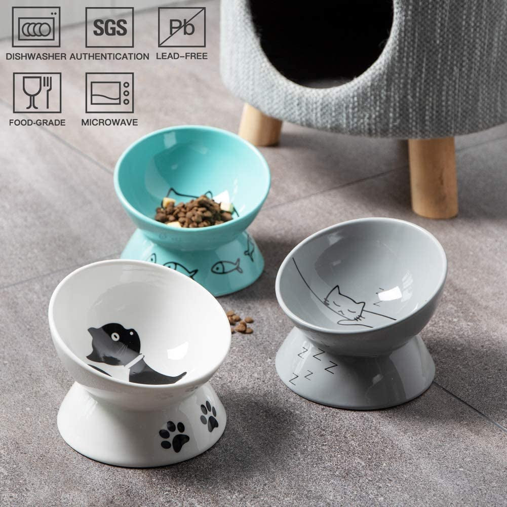 Ceramic Raised Cat Bowls, Slanted Cat Dish Food or Water Bowls