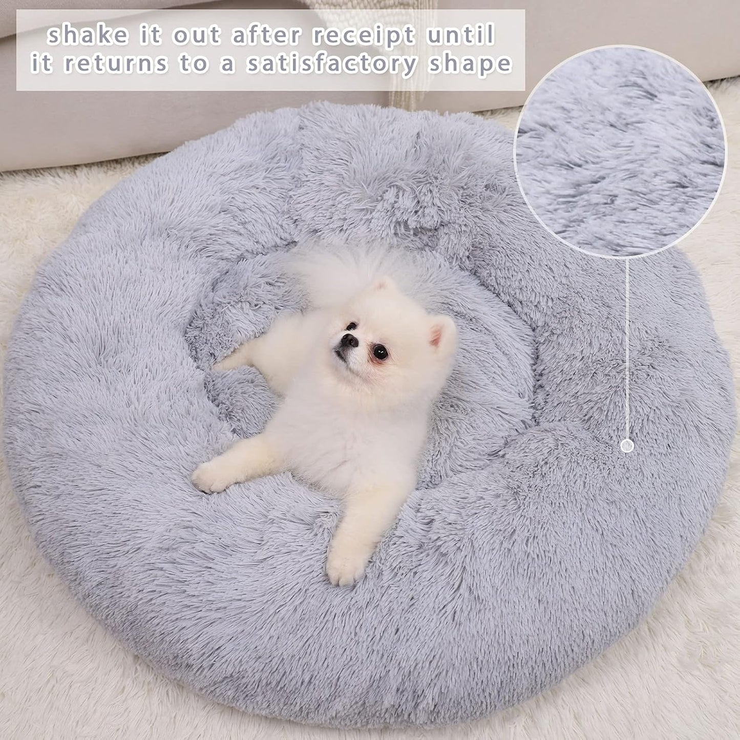 Calming Round Dog Bed for Small Dogs and Cats, Self-Warming with Plush Faux Fur for Anxiety Relief and Comfort (20 x 20 Inch, Grey)
