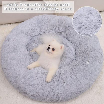 Calming Round Dog Bed for Small Dogs and Cats, Self-Warming with Plush Faux Fur for Anxiety Relief and Comfort (20 x 20 Inch, Grey)