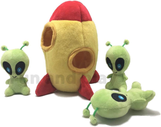 Interactive Squeaky Plush Hide and Seek Squirrel Type Puzzle Toy for Dogs, Small Size (Spaceship and Aliens)