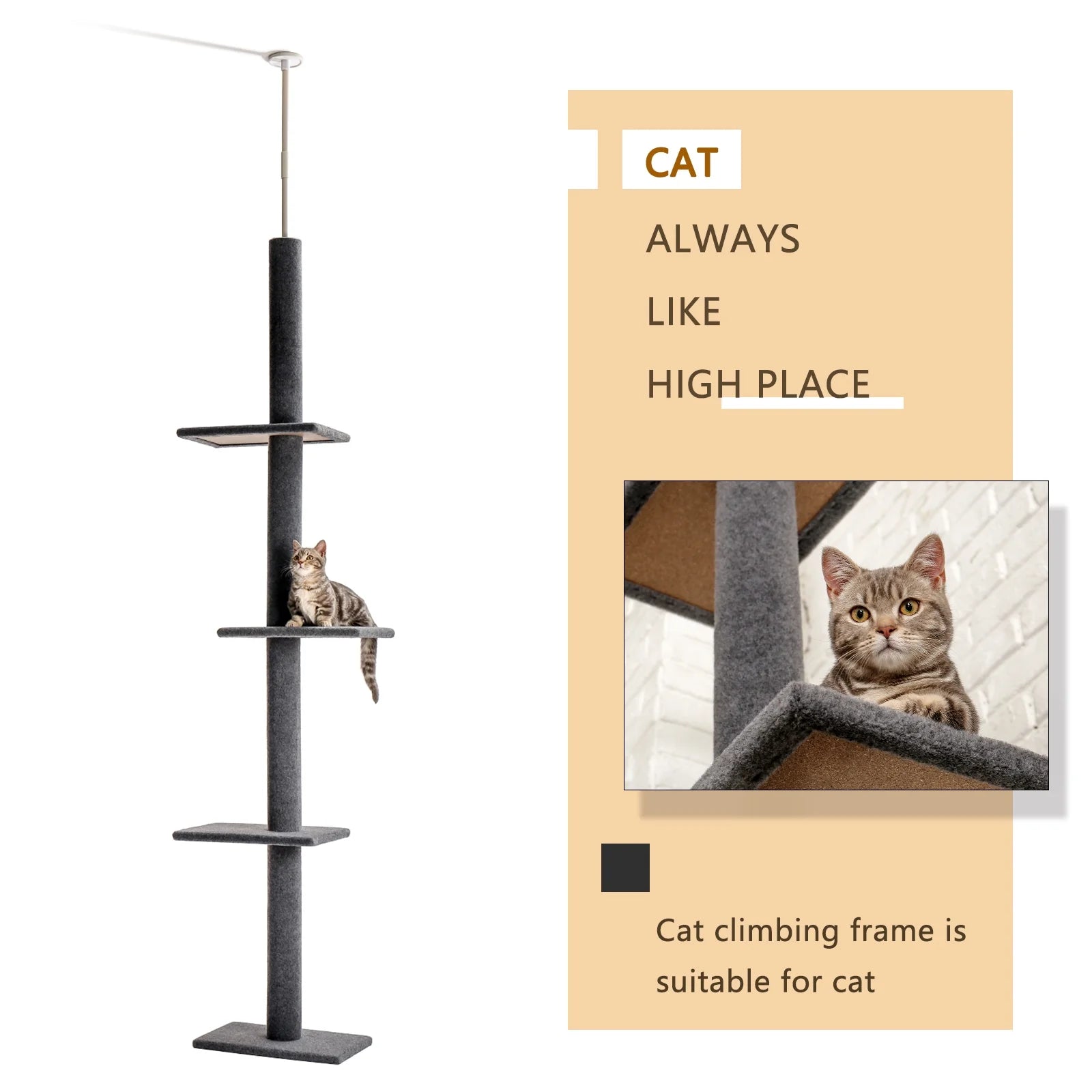 Floor to Ceiling Cat Tree Tower 4 Tier Tall Cat Climbing Posts Adjustable, Gray