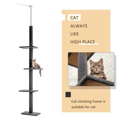 Floor to Ceiling Cat Tree Tower 4 Tier Tall Cat Climbing Posts Adjustable, Gray