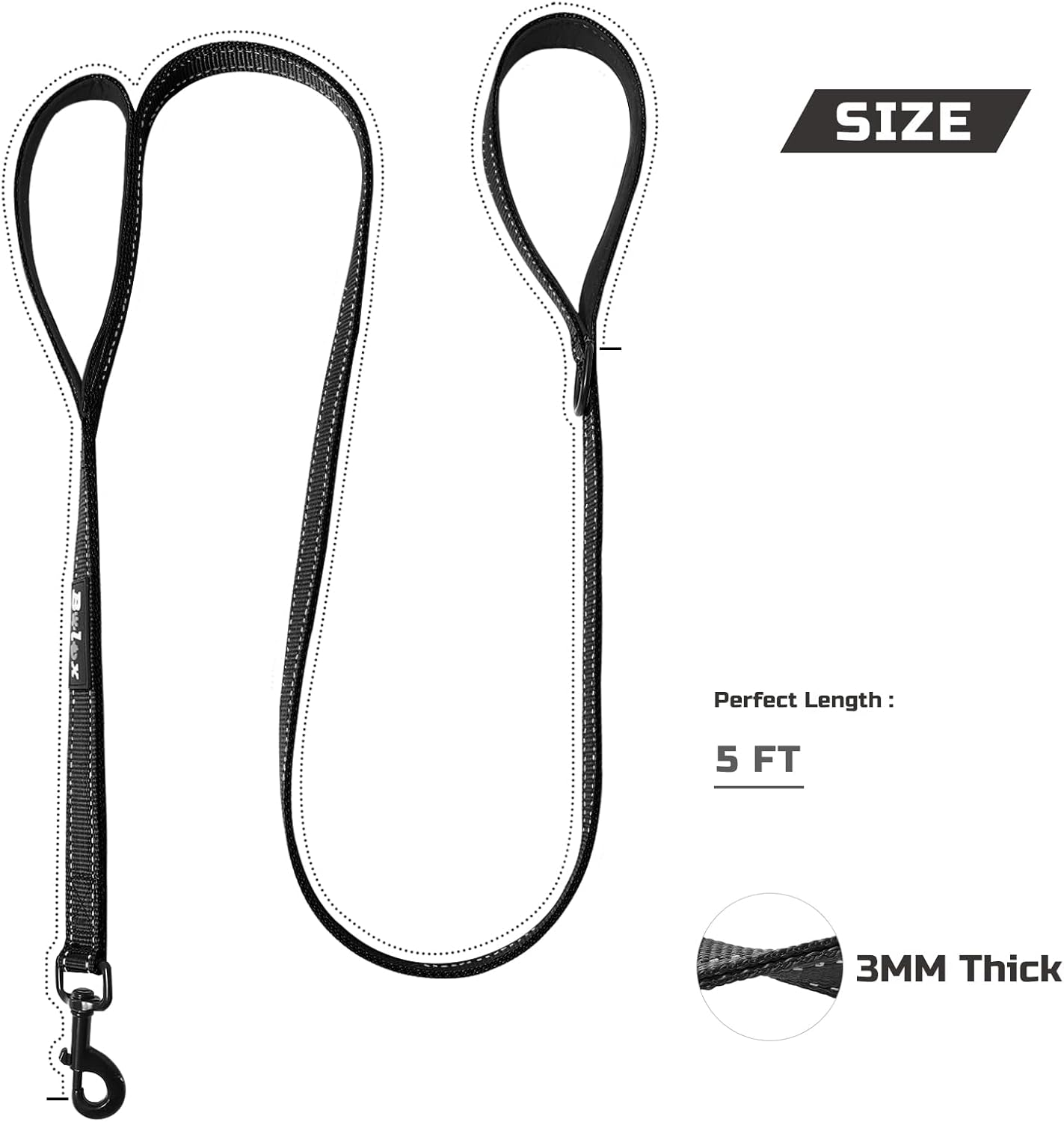 Premium 5ft Heavy-Duty Rope Dog Leash – Dual-Handle Training Lead with Padded Comfort Grips & 3M Reflective Safety Stitching for Traffic Control – Ideal for Small, Medium, and Large Dogs (Black)