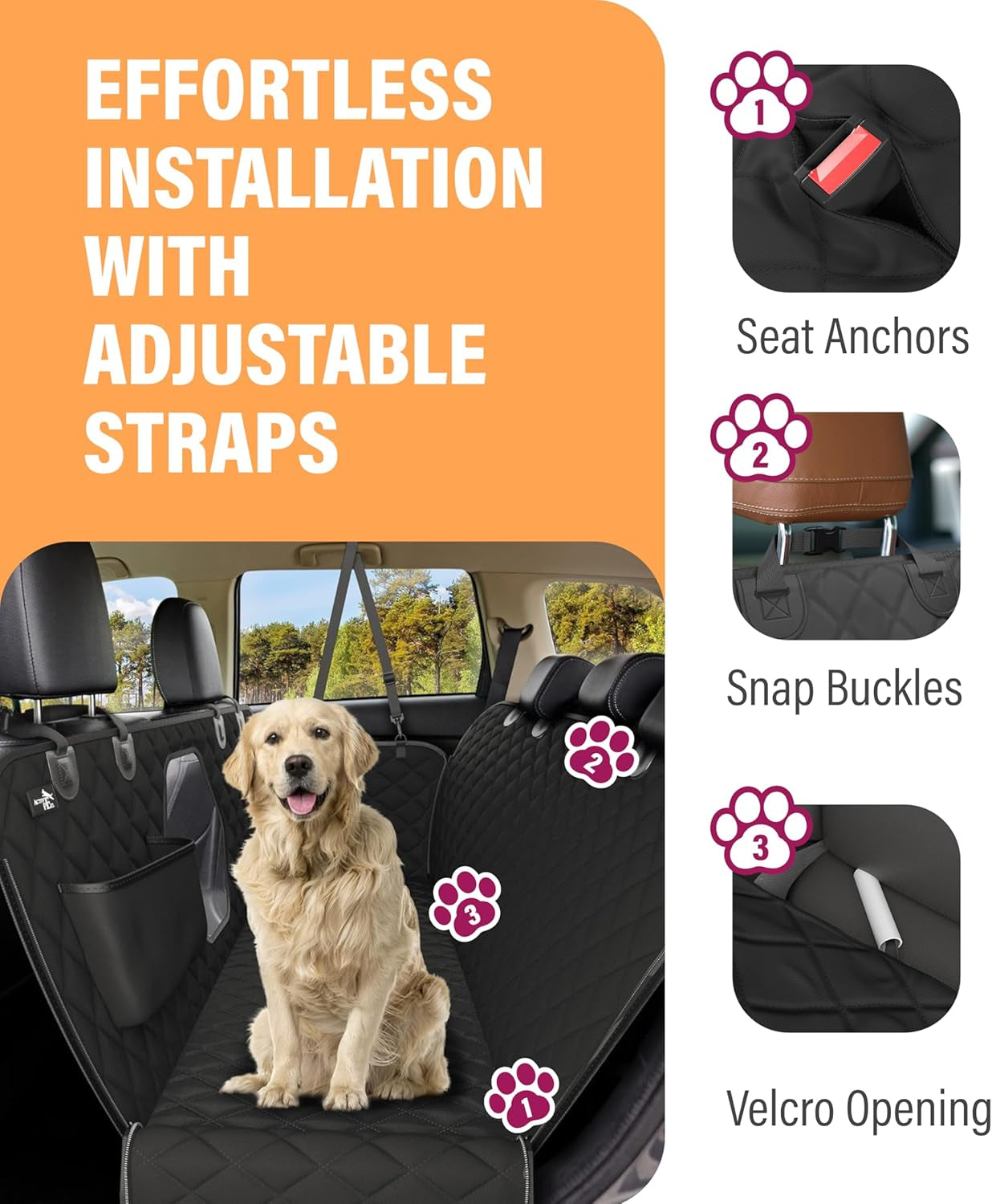Dog Car Seat Cover for Back Seat, Waterproof Pet Protection Hammock for SUV, Truck and Car, Black