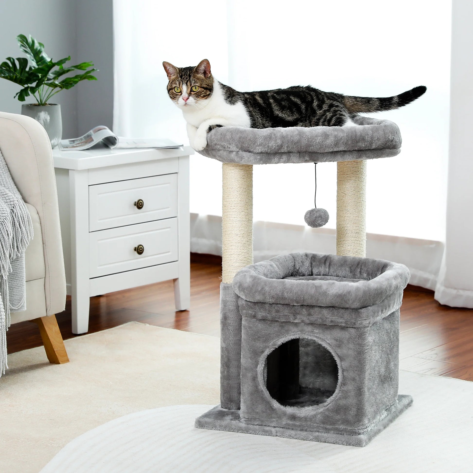 Cat Tower with Large Top Perch and Scratching Posts for Kittens and Medium Cats, Gray