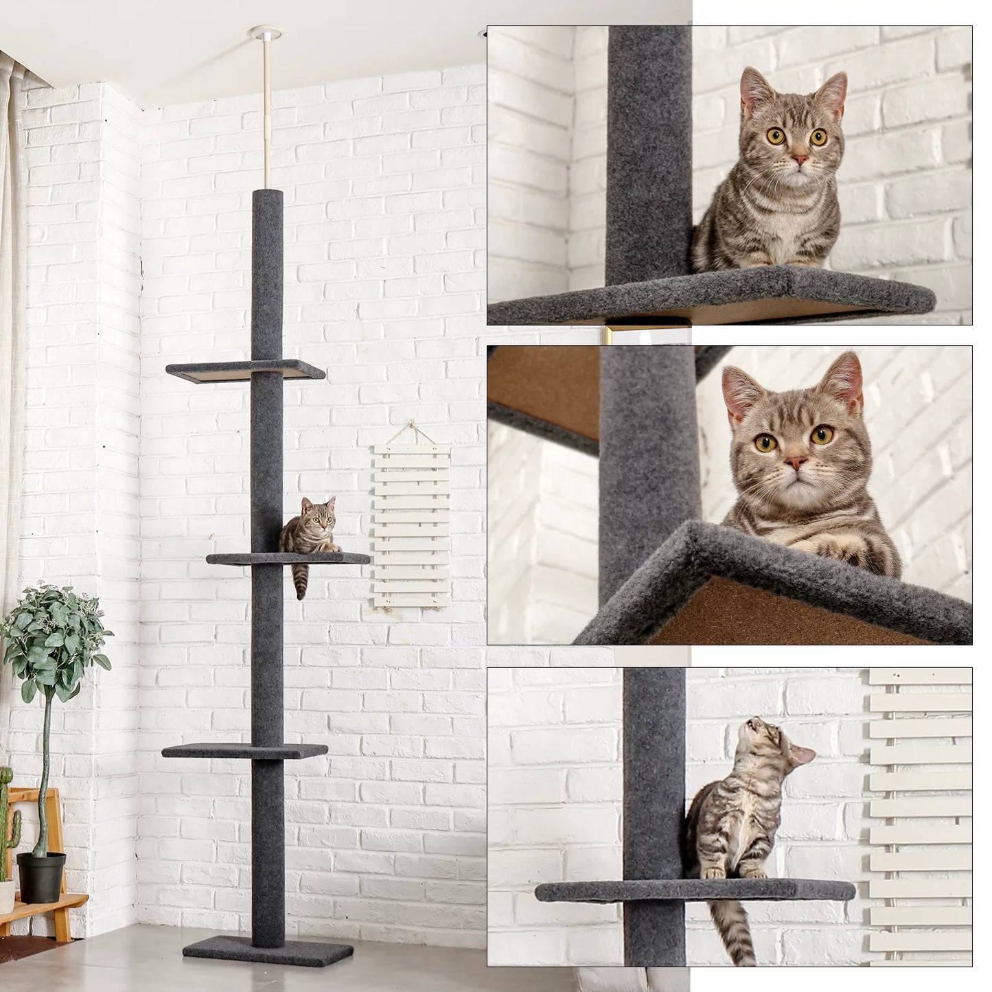 Floor to Ceiling Cat Tree Tower 4 Tier Tall Cat Climbing Posts Adjustable, Gray