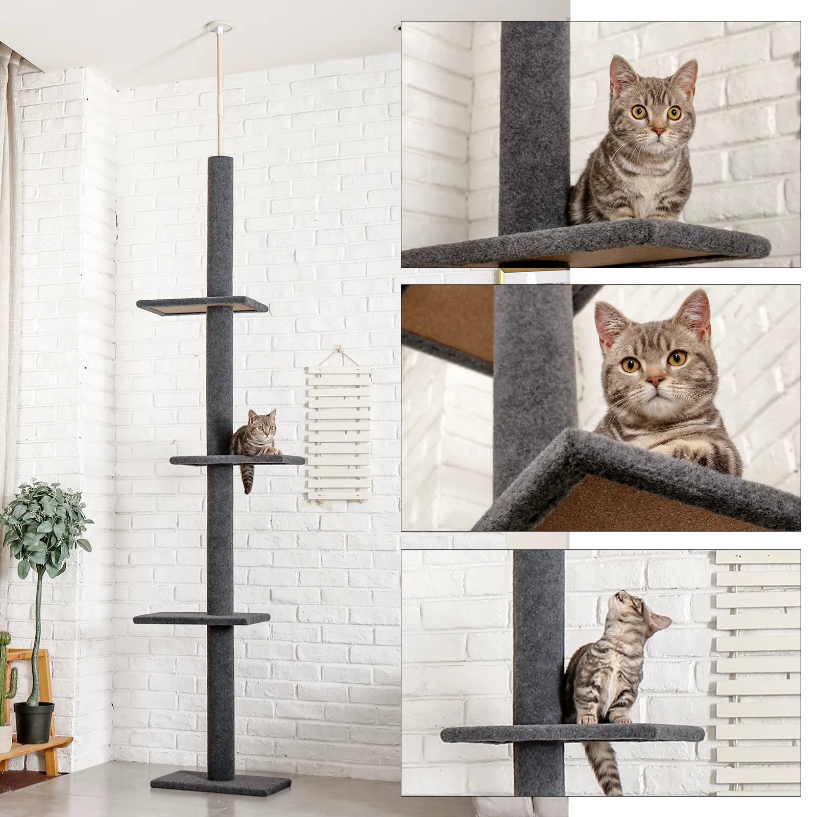 Floor to Ceiling Cat Tree Tower 4 Tier Tall Cat Climbing Posts Adjustable, Gray
