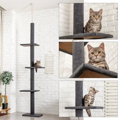 Floor to Ceiling Cat Tree Tower 4 Tier Tall Cat Climbing Posts Adjustable, Gray