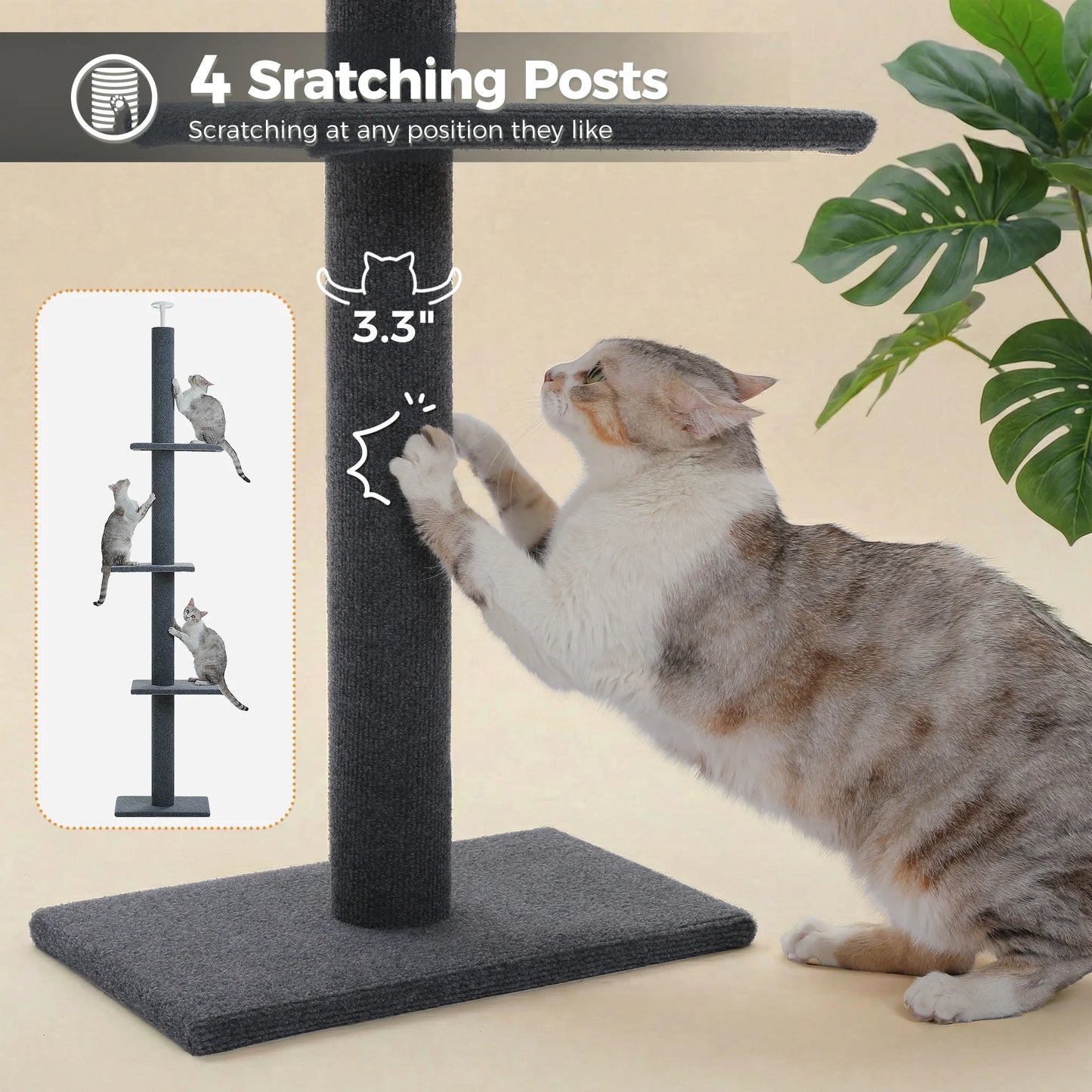 Floor to Ceiling Cat Tree Tower 4 Tier Tall Cat Climbing Posts Adjustable, Gray