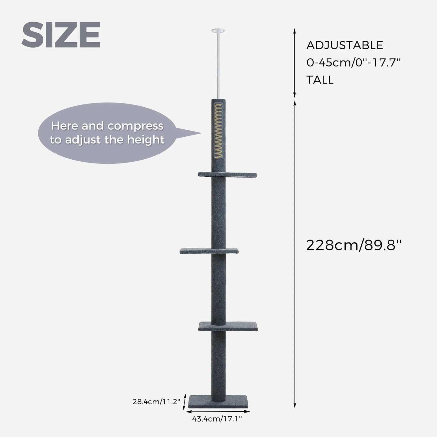 Floor to Ceiling Cat Tree Tower 4 Tier Tall Cat Climbing Posts Adjustable, Gray