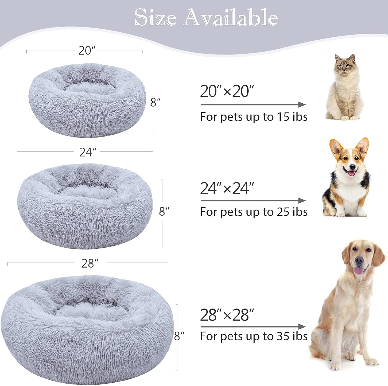 Calming Round Dog Bed for Small Dogs and Cats, Self-Warming with Plush Faux Fur for Anxiety Relief and Comfort (20 x 20 Inch, Grey)