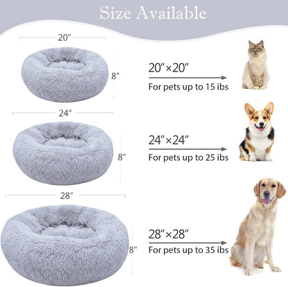 Calming Round Dog Bed for Small Dogs and Cats, Self-Warming with Plush Faux Fur for Anxiety Relief and Comfort (20 x 20 Inch, Grey)