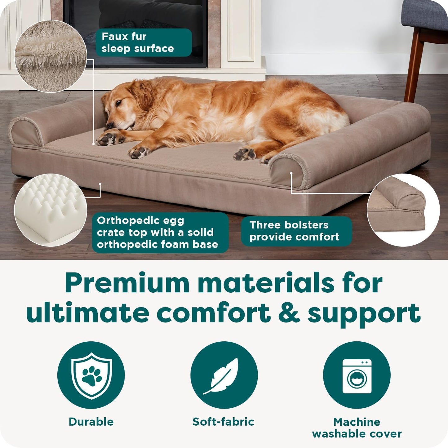 Orthopedic Dog Bed for Large Dogs W/ Removable Bolsters & Washable Cover, for Dogs up to 95 Lbs
