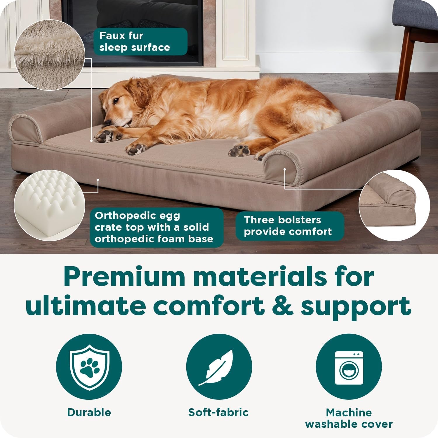 Orthopedic Dog Bed for Large Dogs W/ Removable Bolsters & Washable Cover, for Dogs up to 95 Lbs