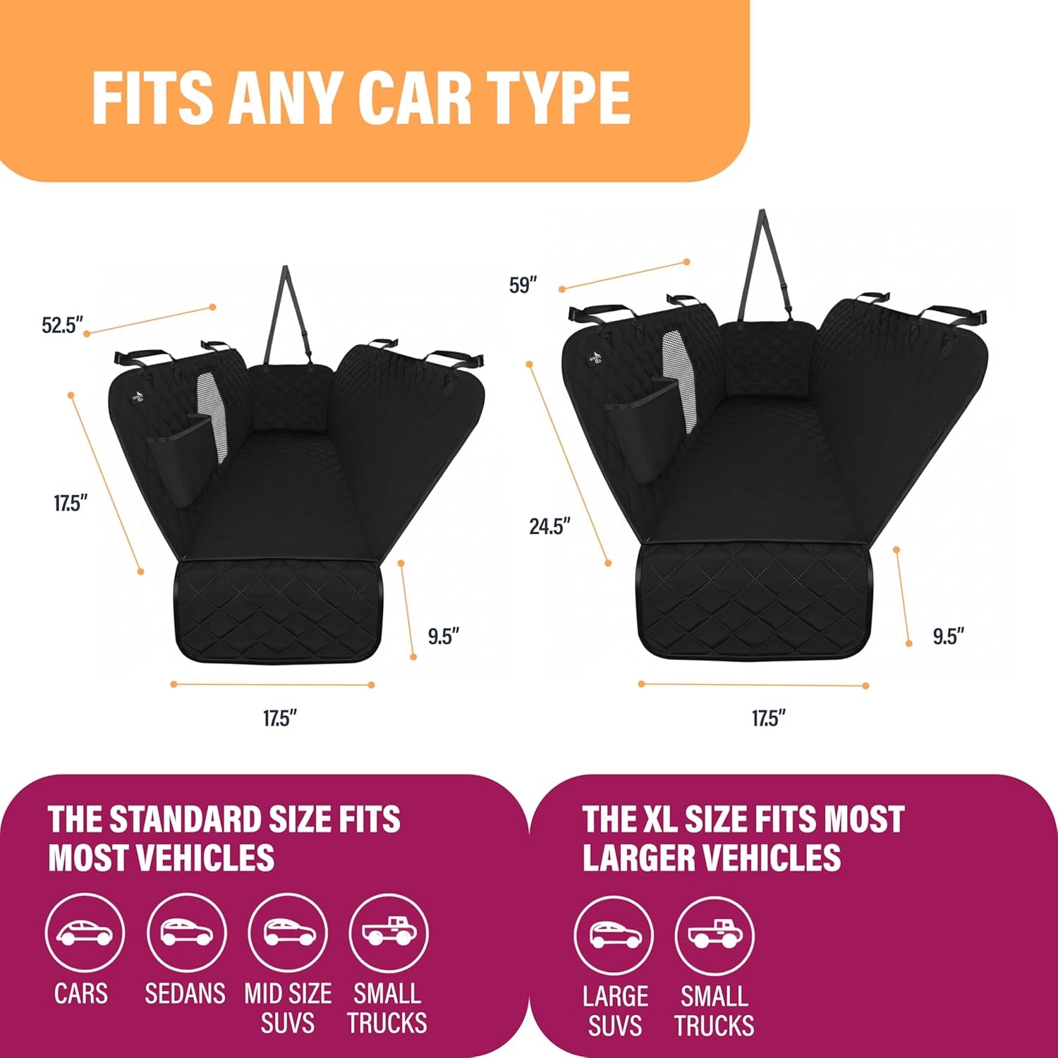 Dog Car Seat Cover for Back Seat, Waterproof Pet Protection Hammock for SUV, Truck and Car, Black