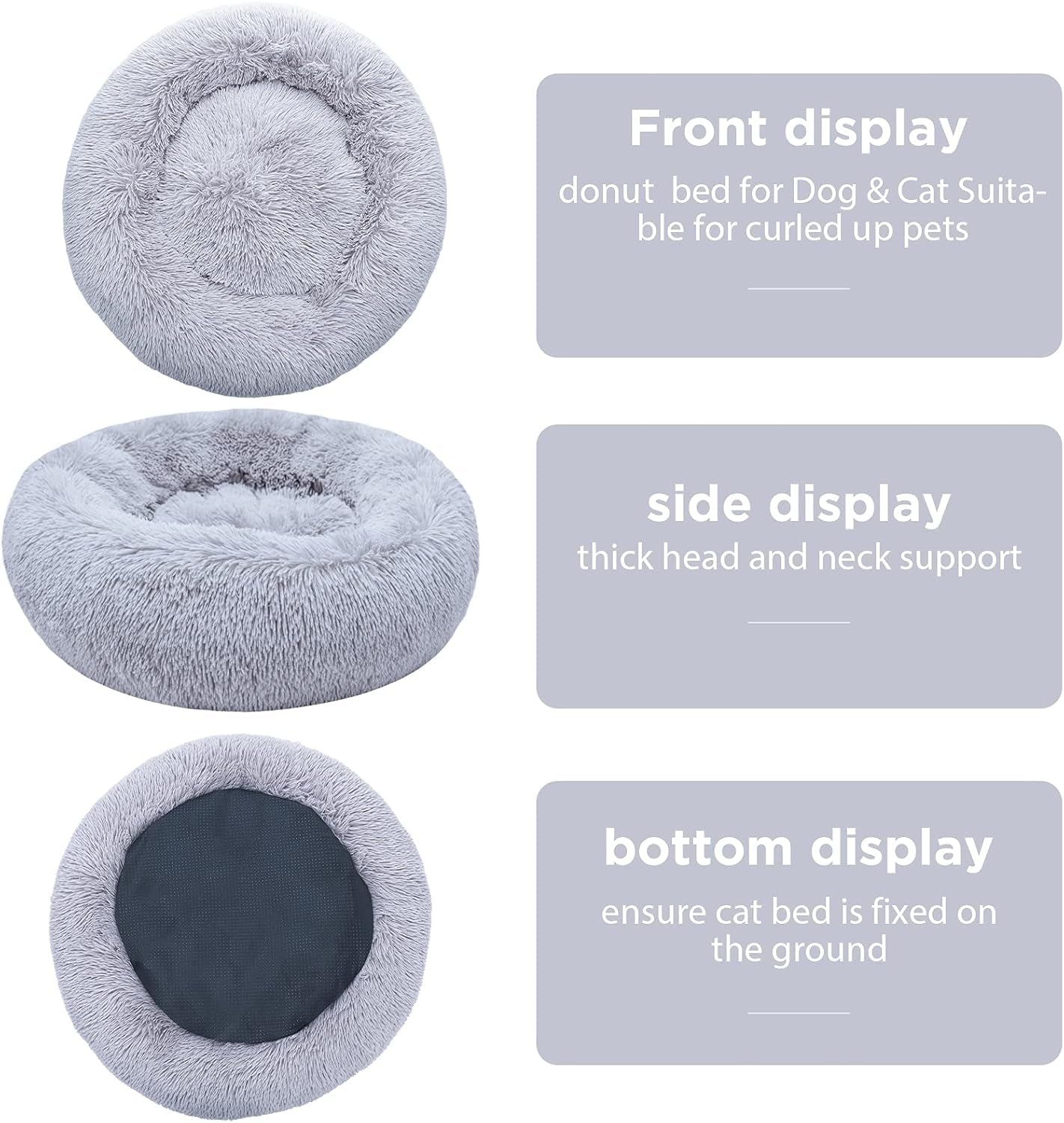 Calming Round Dog Bed for Small Dogs and Cats, Self-Warming with Plush Faux Fur for Anxiety Relief and Comfort (20 x 20 Inch, Grey)