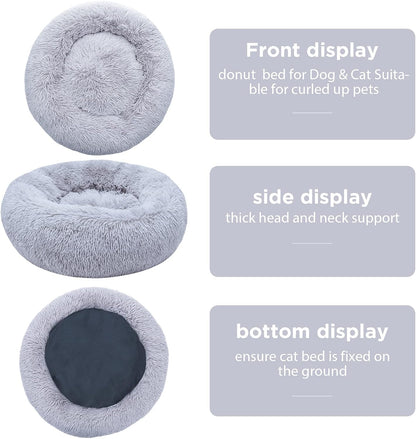 Calming Round Dog Bed for Small Dogs and Cats, Self-Warming with Plush Faux Fur for Anxiety Relief and Comfort (20 x 20 Inch, Grey)