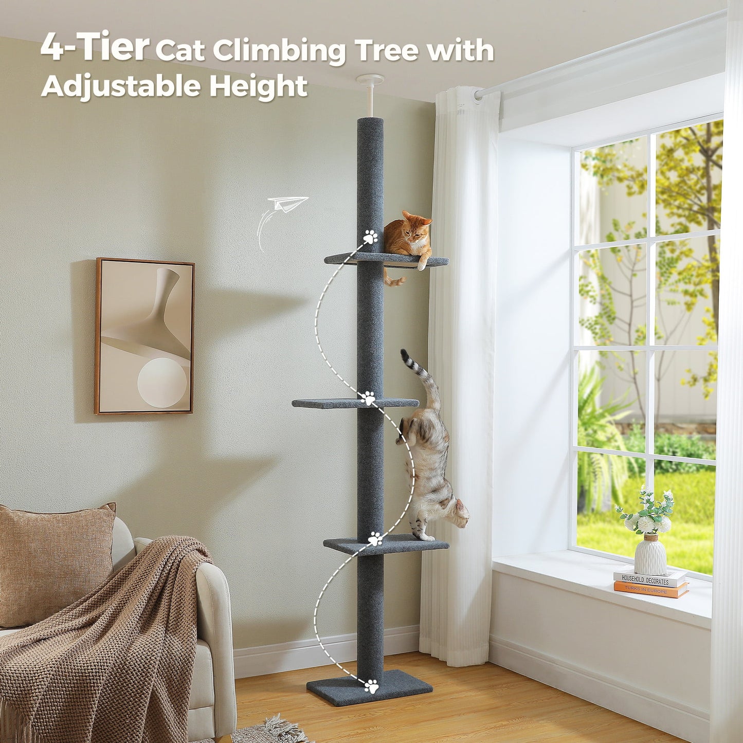 Floor to Ceiling Cat Tree Tower 4 Tier Tall Cat Climbing Posts Adjustable, Gray