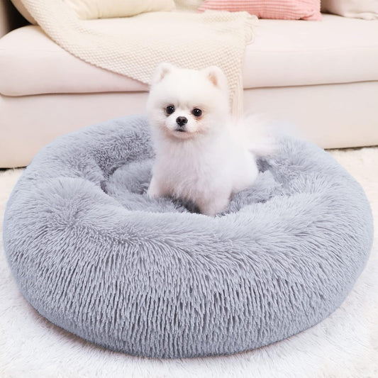 Calming Round Dog Bed for Small Dogs and Cats, Self-Warming with Plush Faux Fur for Anxiety Relief and Comfort (20 x 20 Inch, Grey)