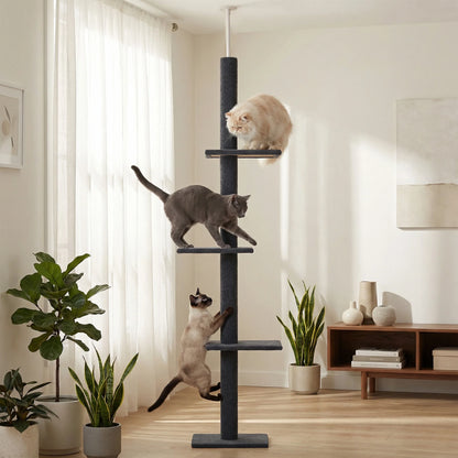 Floor to Ceiling Cat Tree Tower 4 Tier Tall Cat Climbing Posts Adjustable, Gray
